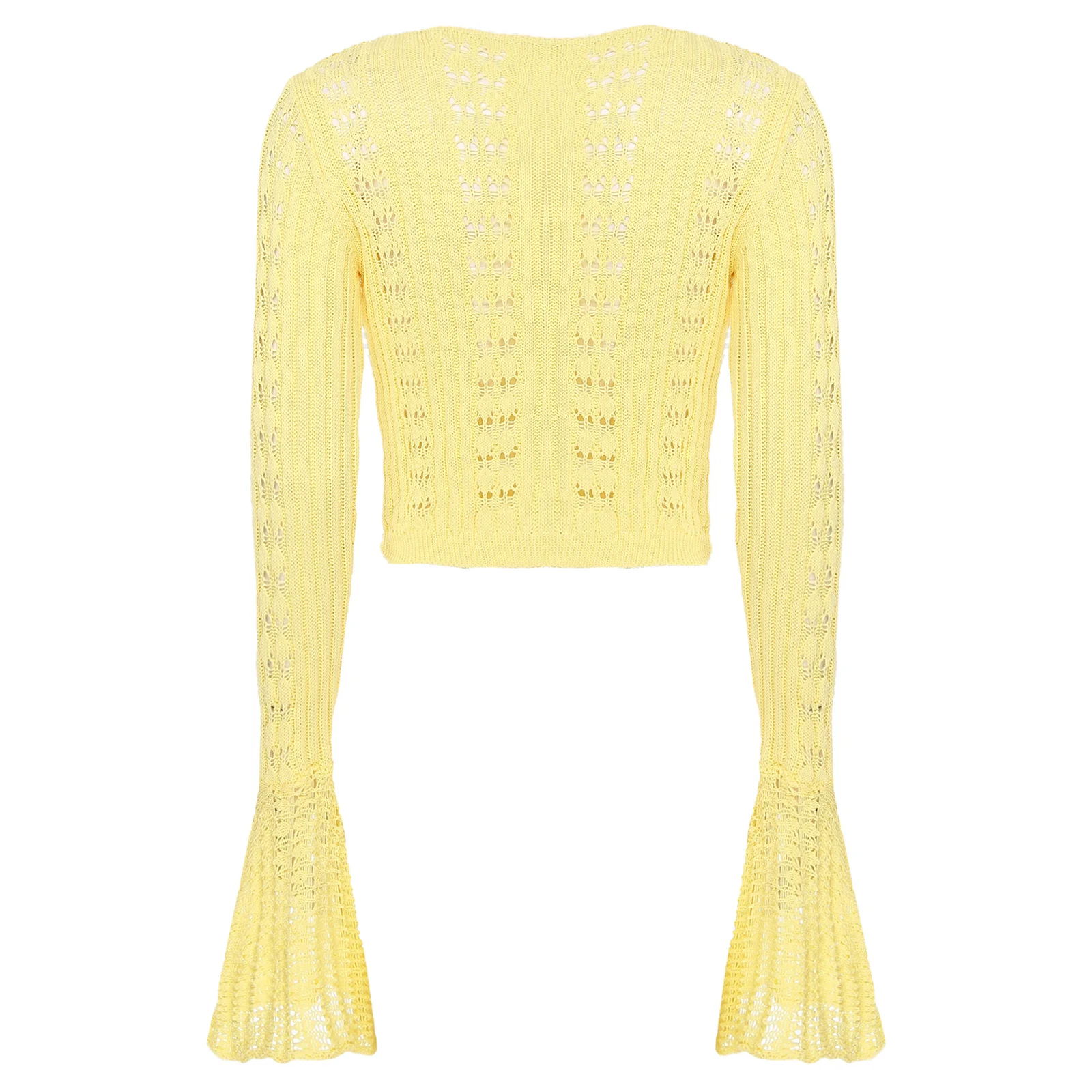 Women Fashion Hot Solid Color Long Flared Sleeves V-neck Short Hollow Knitted Cardigan Sweater Tops for Party Casual Outwear