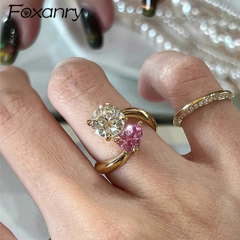 Foxanry Sparkling Water Drop Zircon Rings For Women Girls Trendy Elegant Romantic Sweet Temperament Wedding Bride Jewelry Gifts