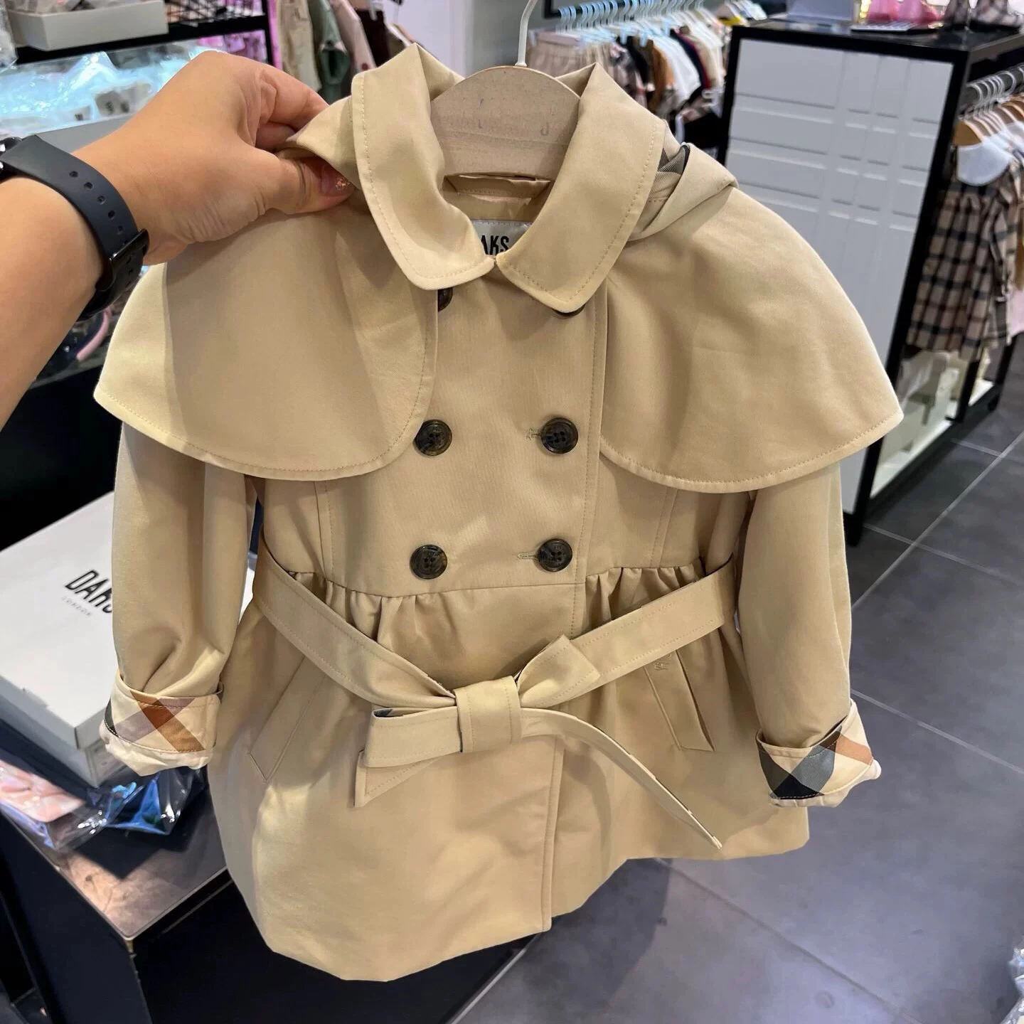 Fashionable Khaki Children's Coat Medium Length Shoulder Style for Girls Spring Autumn Seasonal Brand 007 British Style Jacket