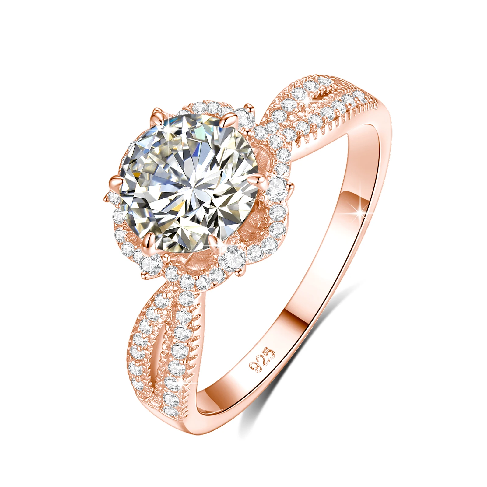 Vintage Kronen-Halo-Ring 18K vergoldet 925 Silber Runder Moissanit-Mittelstein Verlobungs- und Hochzeitsschmuck Geschenk für Frauen – Detail 10