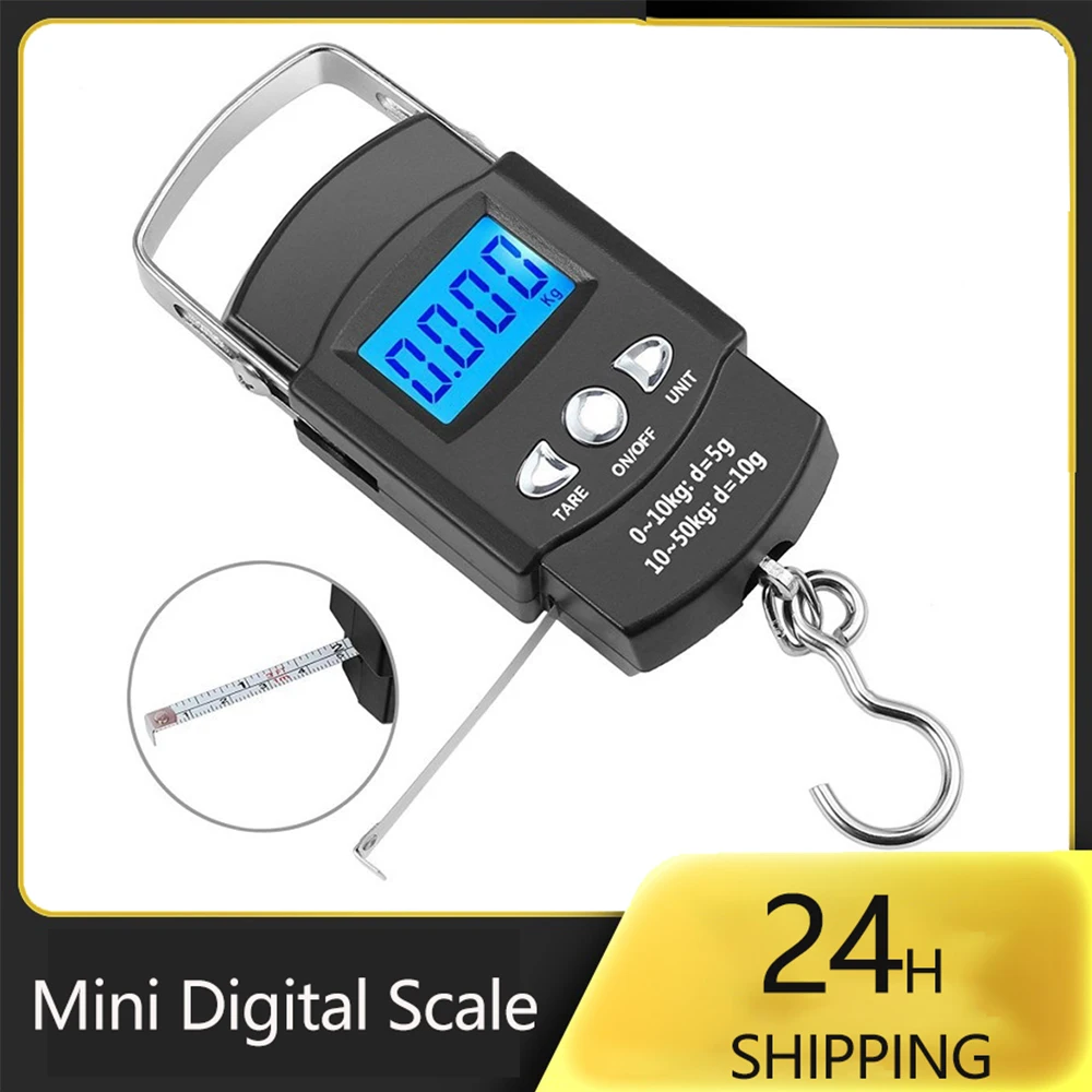 

Digital Scale Portable 50Kg/10g Balance Fish Travel Hook Hanging Measuring Tape Ruler Luggage Weighing Electronic Kitchen Scale