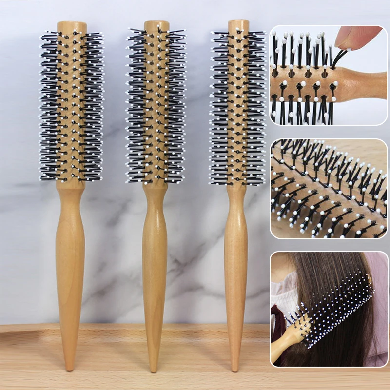 Mini Round Nylon Hairbrush Curly Hair Styling Comb Rolling Comb Round Brush for Thin or Short Hair Men with Wooden Handle