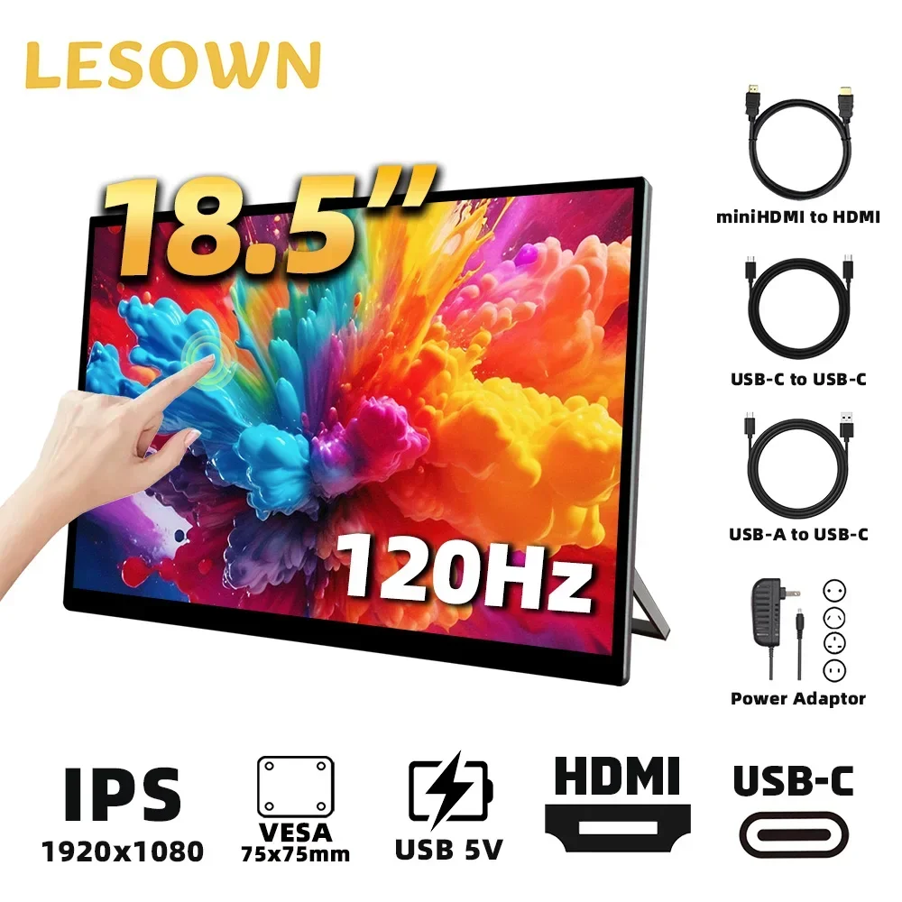 

LESOWN 18.5" 120Hz Computer Monitor Portable 1920x1080 IPS Type C HDMI VESA Large Gaming Display Foldable Bracket for PC Laptop