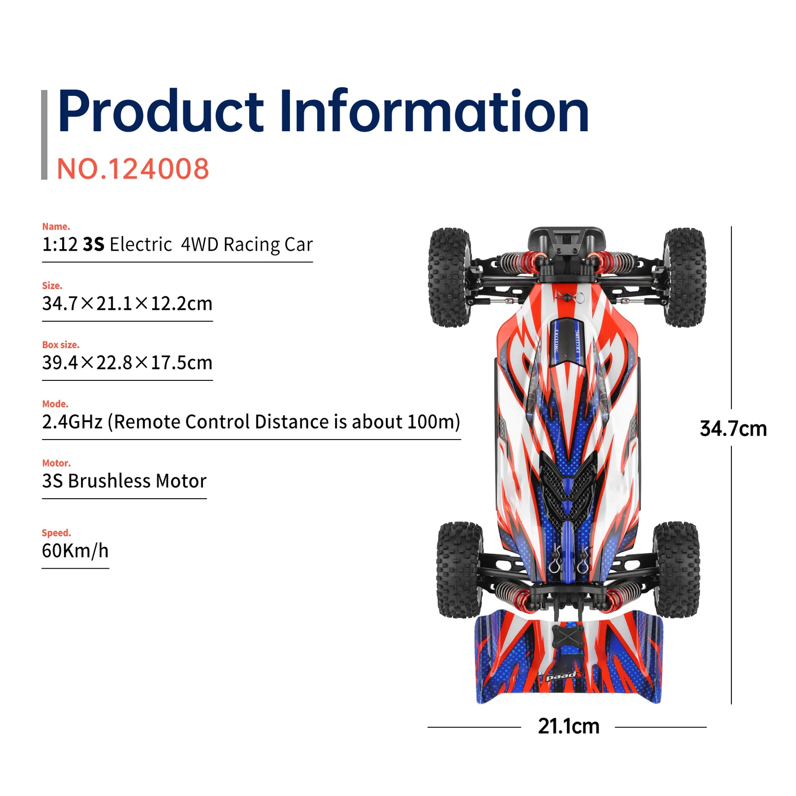 WLtoys 124008   Samochód zdalnie sterowany 1/12 2.4GHz 60KM/H szybki samochód terenowy bezszczotkowy pojazd 4WD 11.1V 2000mAh prezenty dla dzieci