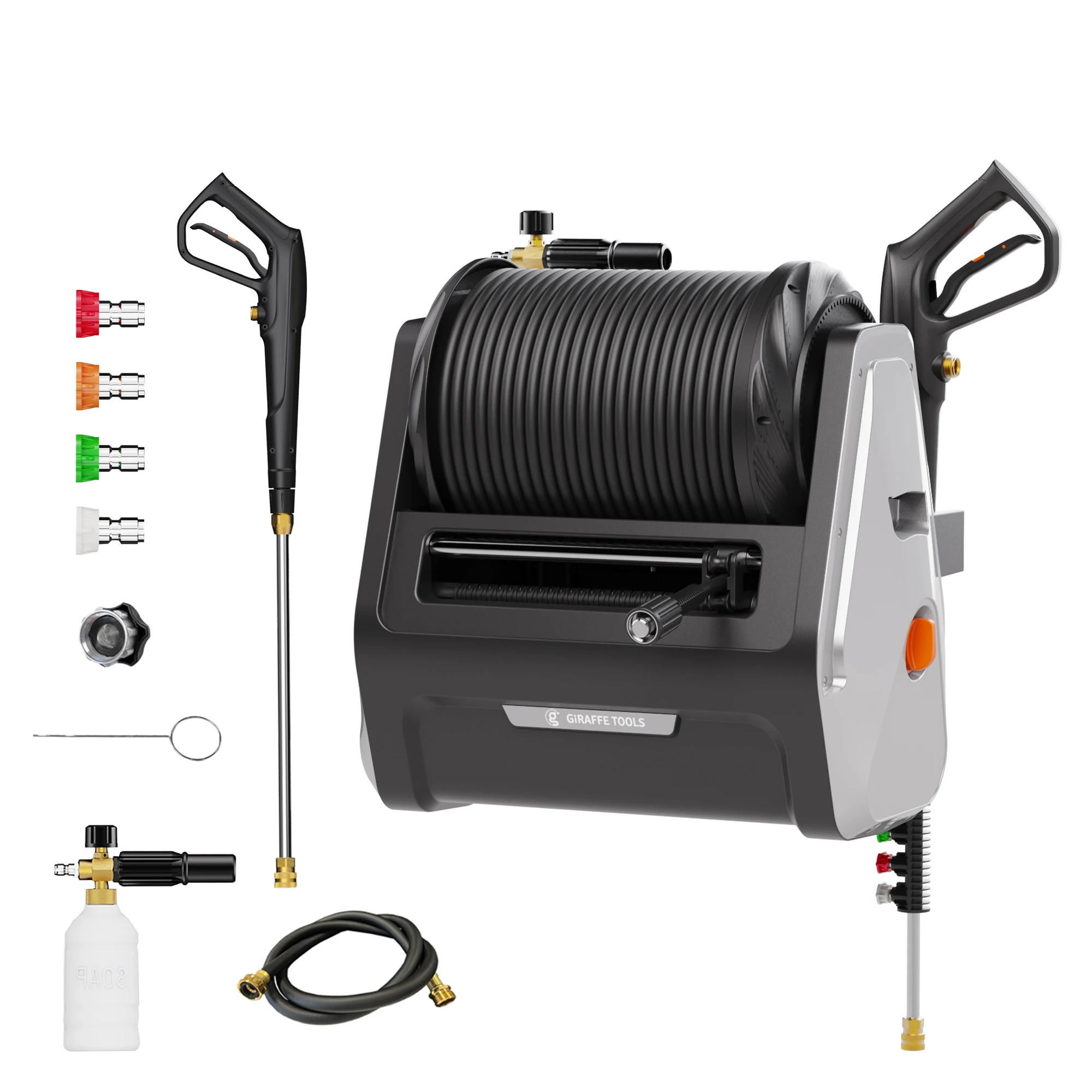 Giraffe Tools Grandfalls Pressure Washer Plus, Electric Wall Mount Power Washer with 100FT Retractable Ultra-Soft Pressure Hoses