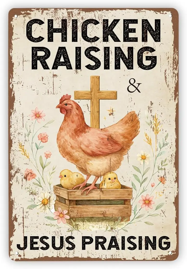 Funny Vintage Metal Tin Signs, Chicken Raising Jesus Praising Tin Sign, Farmhouse Chicken Coop Decor, Rustic Religious Wall Art,