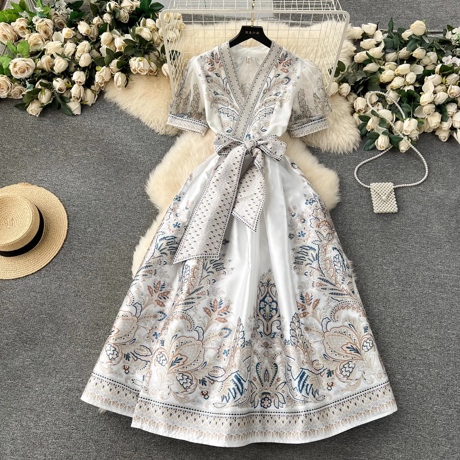 Summer Bohemian Paisley Print Long Dress Women V-Neck Short Puff Sleeve Vintage Print Bandage Lace Up Robe Vestidos Clothes 6237