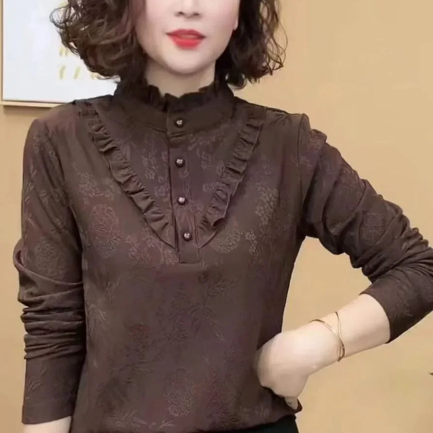 

Модный женский топ с высоким воротником и рюшами, утепленный флисом, в корейском стиле, для офиса