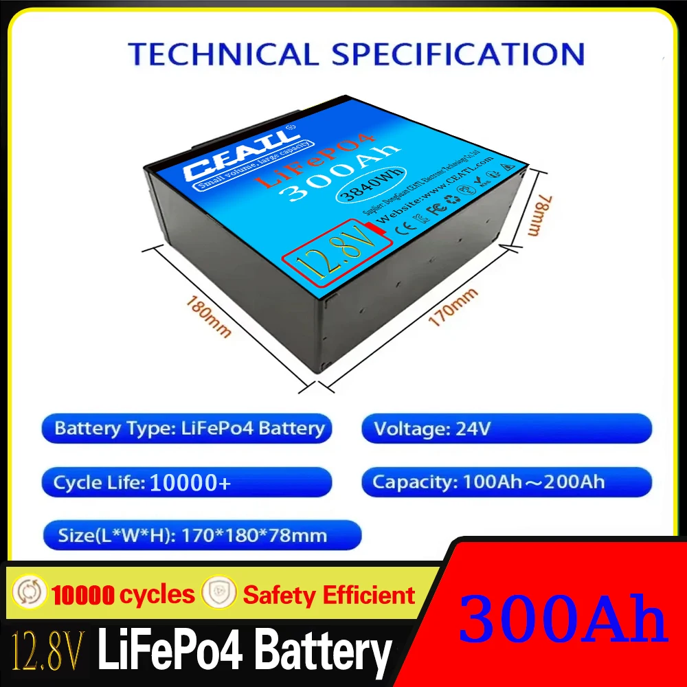 12.8V LiFePO4 Lithium Battery 300Ah 🔥6400Wh , Built-in 200A BMS, Rechargeable Battery, for RV/Camper, Solar, Marine, Overland/V