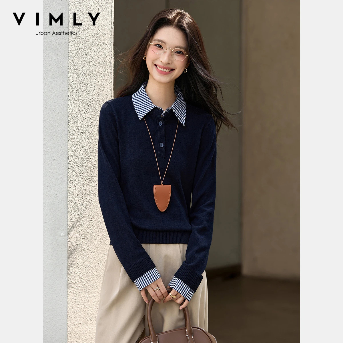 

Женский темно-синий джемпер VIMLY, осень 202, повседневные вязаные пуловеры в клетку с отложным воротником, элегантные топы с длинными рукавами 75200