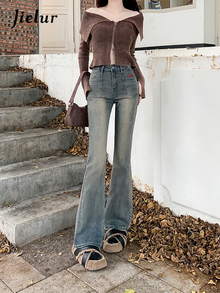 Jielur Autumn New High Waist Slim Women Jeans Do Old Simple Basic Flare Jeans Woman Vintage Blue Fashion Street Pants Female