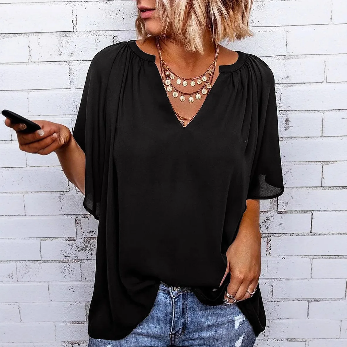 

Loose V-ne Casual Women's T-irt Comfortable Cotton Blend Summer Faion Soft Lace Top Ele Women's irt