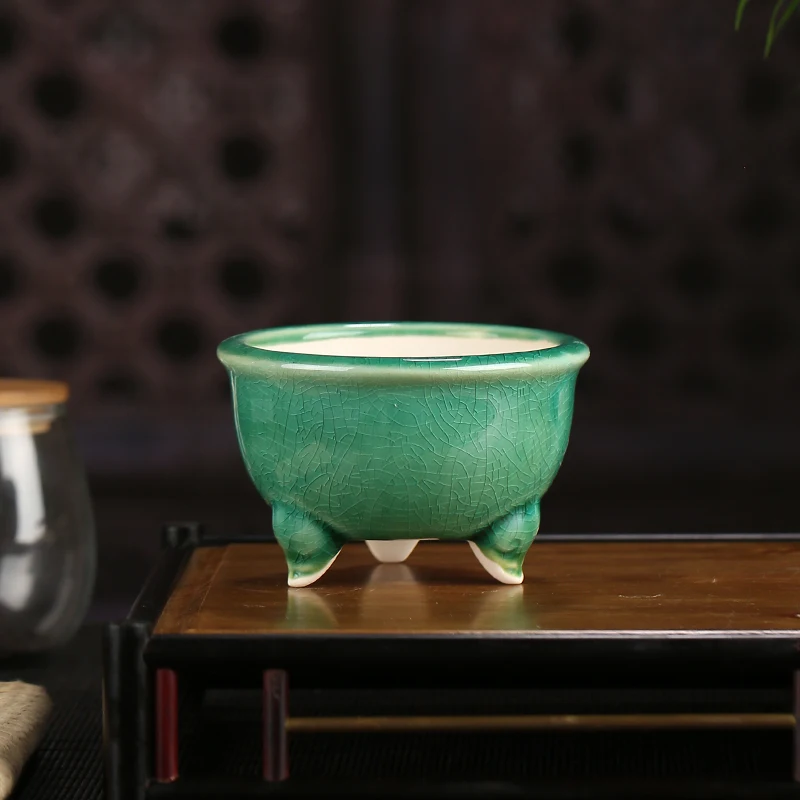 Yixing Ceramic Succulent Bonsai Flower Pot Chinese Style Purple Sand Pot Retro Small Round Pot Home Decorative Flower Pot LE654