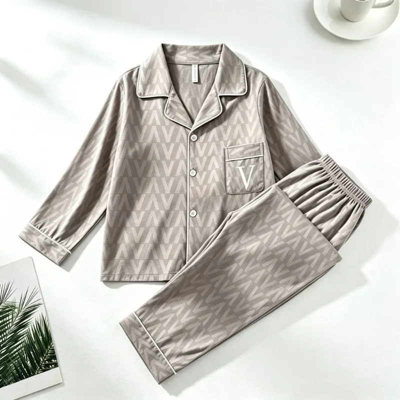 Men Autumn Winter 2Pcs Sleepwear French Pattern Lapel Neck Embroidered Letter Pajamas Set Casual Soft Simple Luxury Loungewear