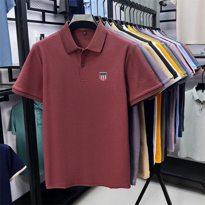 Men's Summer Luxury 100% Cotton Polo Shirt, Lapel Print Short Sleeve T-shirt, Breathable Business Casual Menswear