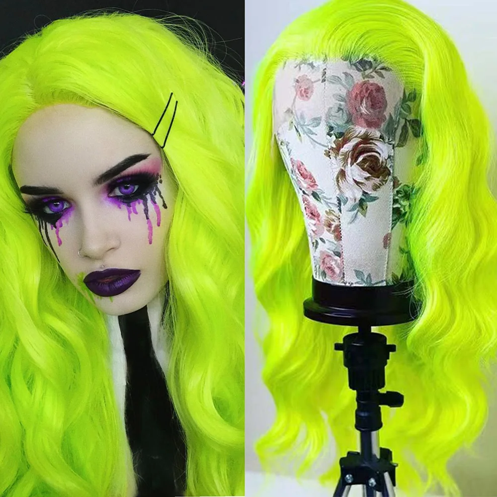 

RONGDUOYI Fluorescent Neon Green Lace Front Synthetic Wigs for Women Loose Curly Wig Glueless Natural Hairline Cosplay Party Dai