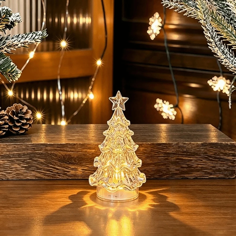 Transparent Christmas Tree Night Light Flameless Smokeless LED Atmosphere Lamp Stable Base Battery-Operated
