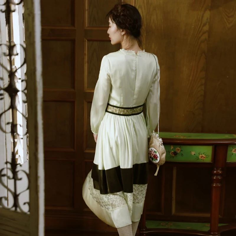 Robes longues en dentelle brodée pour femmes, col rond, manches longues, velours, satin, mince, vintage, buste, printemps, automne, 84-92cm