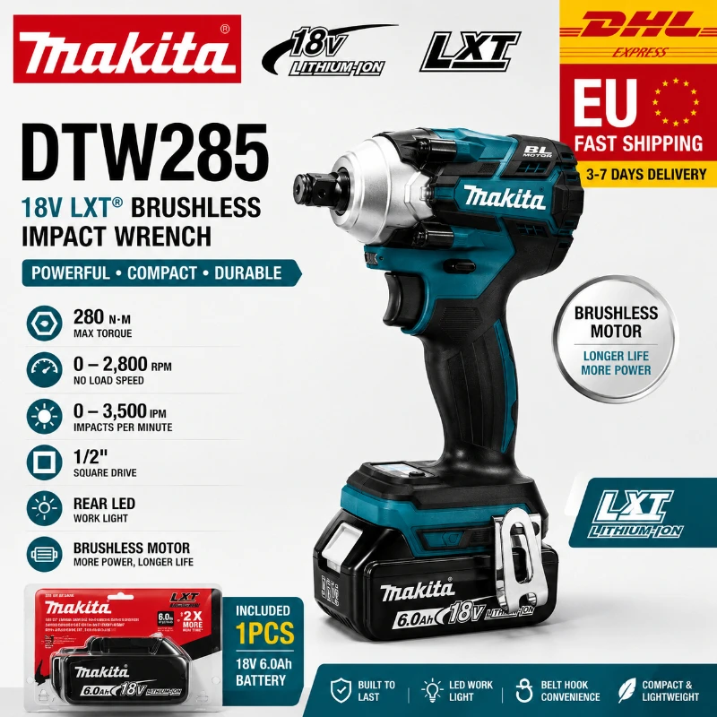 Makita DTW285Z Original 18V LXT Bürstenloser Schlagschrauber 280Nm mit 6,0Ah Akku, Leistungsstarker Akku-Schrauber für Professionelle Arbeiten, Makita Elektrowerkzeug, Lagerbestand in Europa,