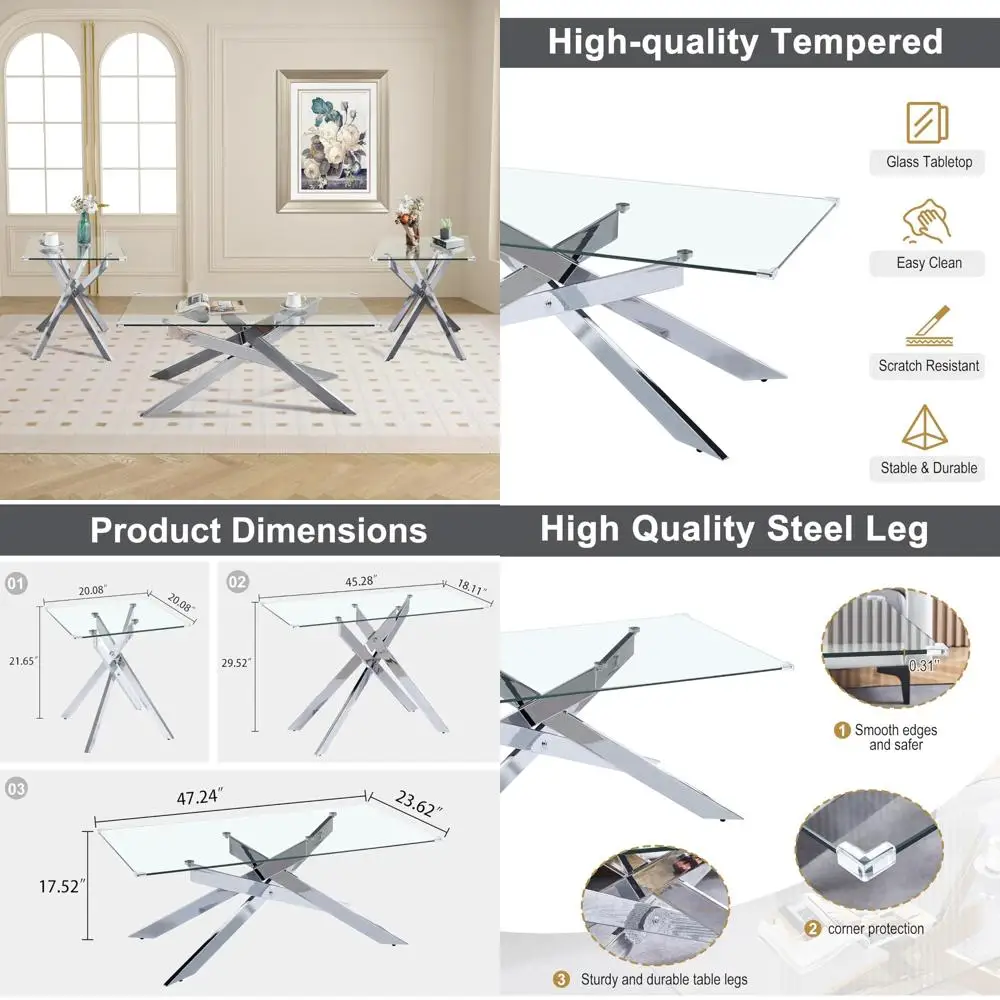 

Elegant Silver Glass Coffee Table and Matching End Tables Trio with Tempered Glass and Gold Geometric Design