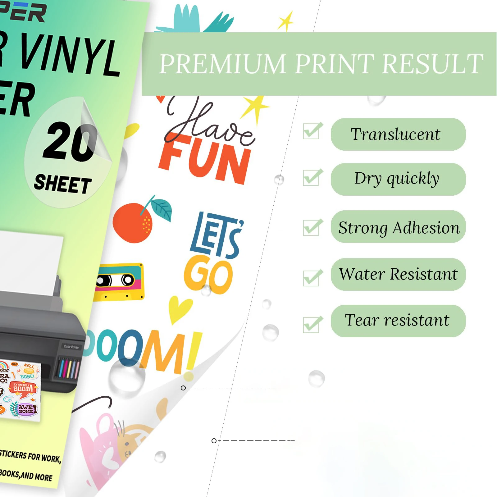 20 Sheets Printable Vinyl Sticker Paper,Translucent A4 (8.3x11.7 Inch) 65% Clear Self-Adhesive Sheets, Waterproof,Dries Quickly