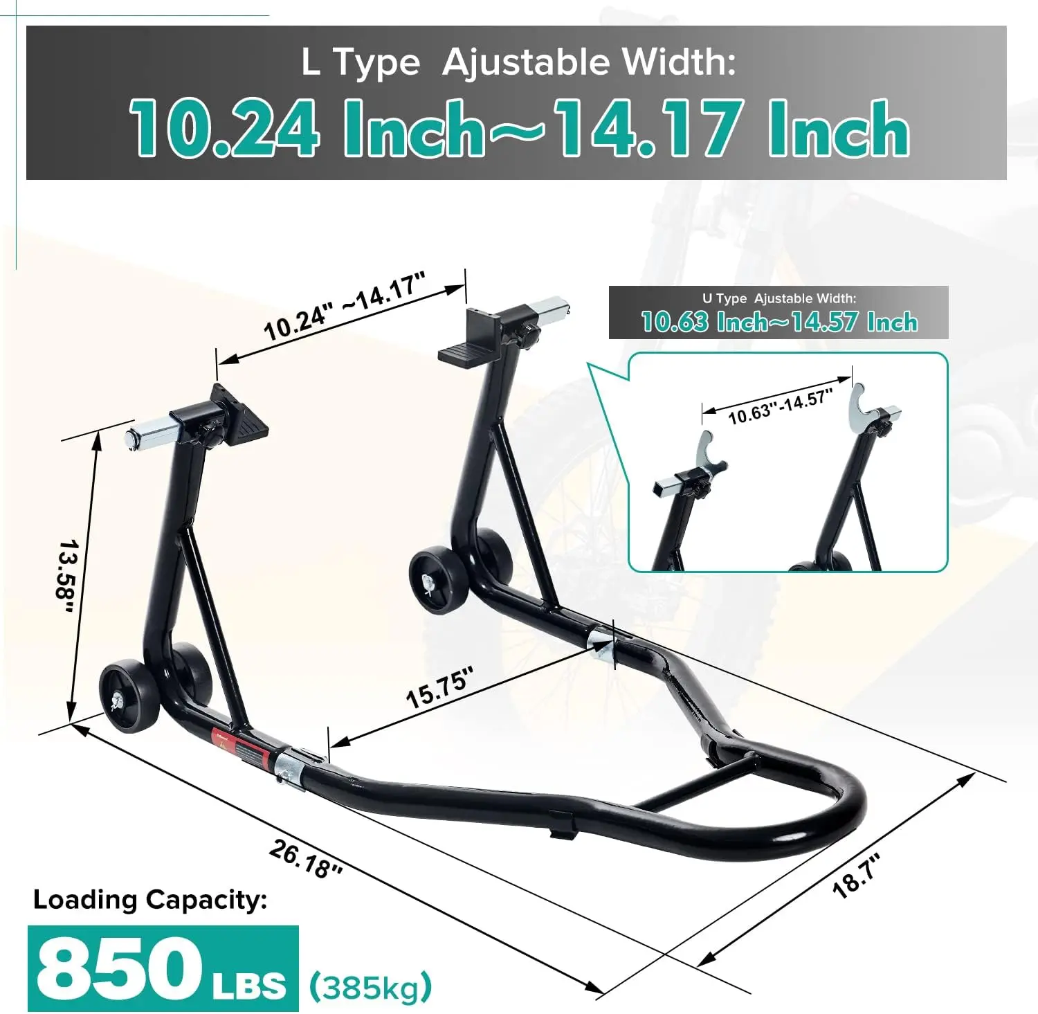 Robuuste motorfiets-achterwielliftstandaard, capaciteit 850LB, verstelbaar voor sportfietsen, zwarte afwerking
