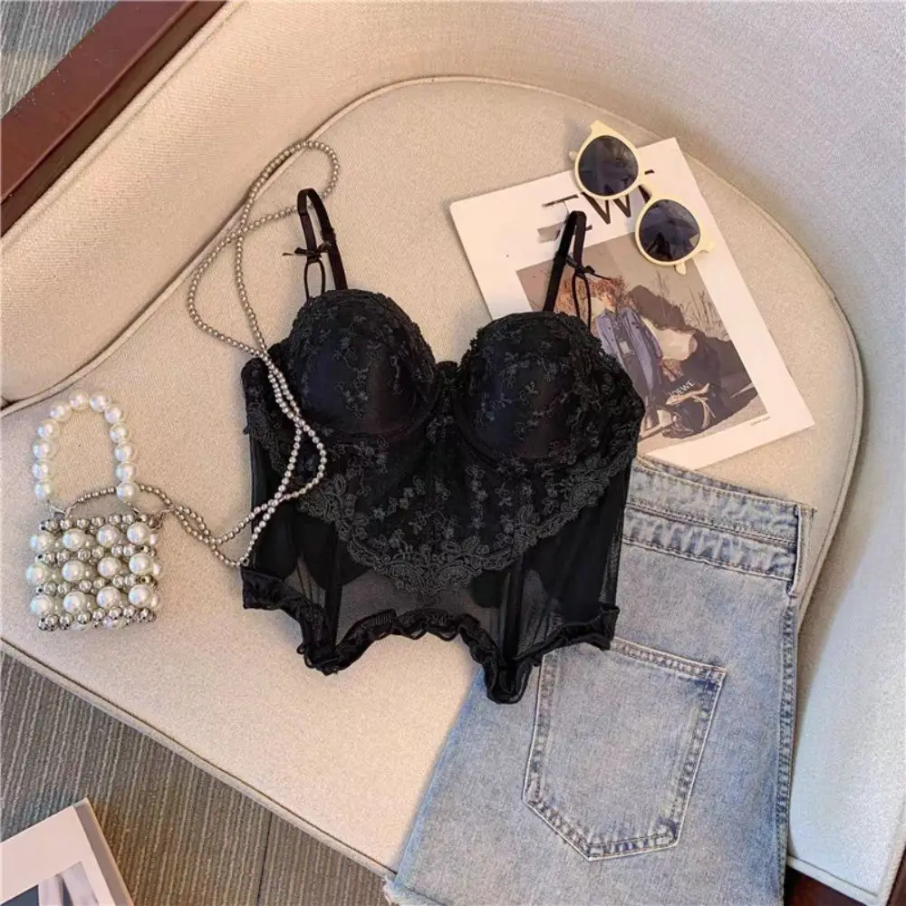 

Модный сетчатый кружевной камзол с цветочным принтом и рюшами, тонкие укороченные топы без рукавов, милый прозрачный кружевной корсет с бантом для путешествий