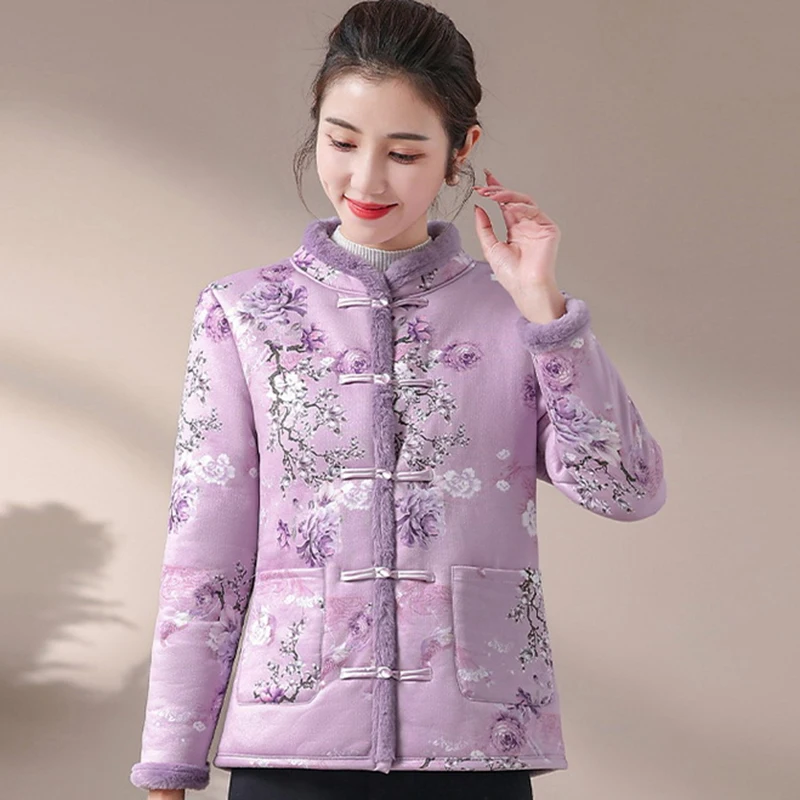 النمط الصيني القطن معطف المرأة منتصف العمر الأزهار طباعة الشتاء سترة خمر الوقوف طوق الضفدع زر دافئ مبطن ملابس خارجية جديد #2