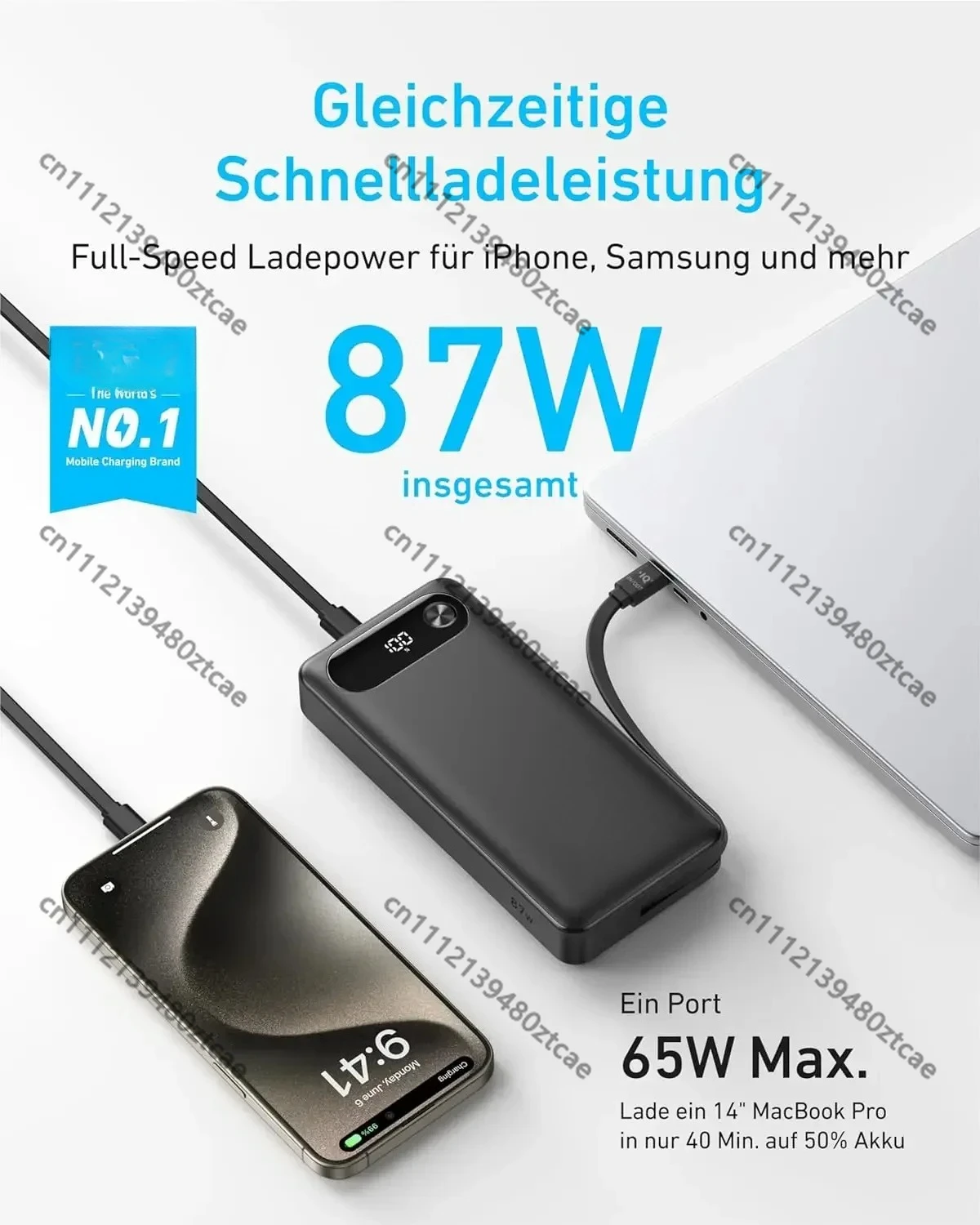 20000mAh Fast Charging Power Bank Built-in USB-C Cable 87W Portable Battery Pack Dual USB-C USB-A Travel Phone Charger