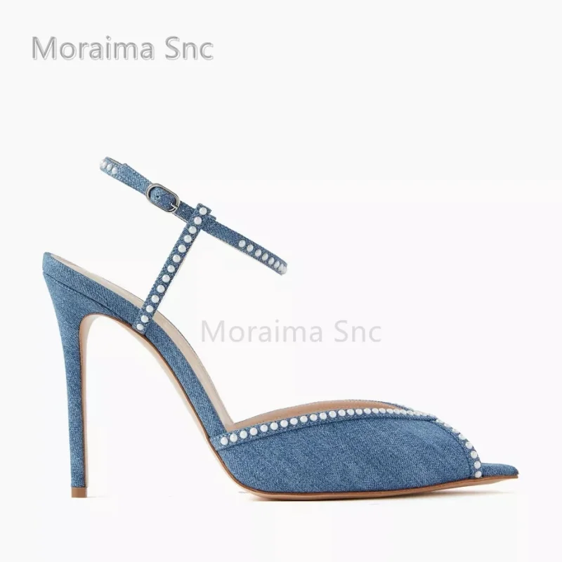 Blue Denim Cryatsl Peep Toe Sandals Women High Heels Pointed Toe Stiletto Ankle Strap Elegant Party Office Lady Shoes Summer