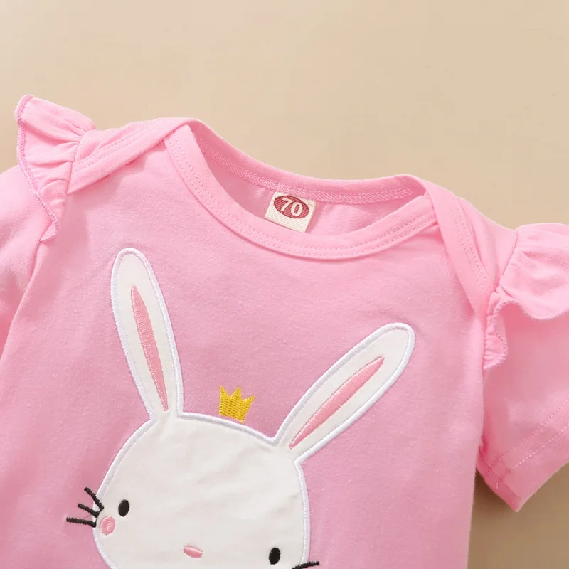 0-18 Months Newborn Baby Girl Daily Clothes Set Rabbit Print Short Sleeve Romper+ Tulle Skirt+Headband Summer 3PCS Outfit