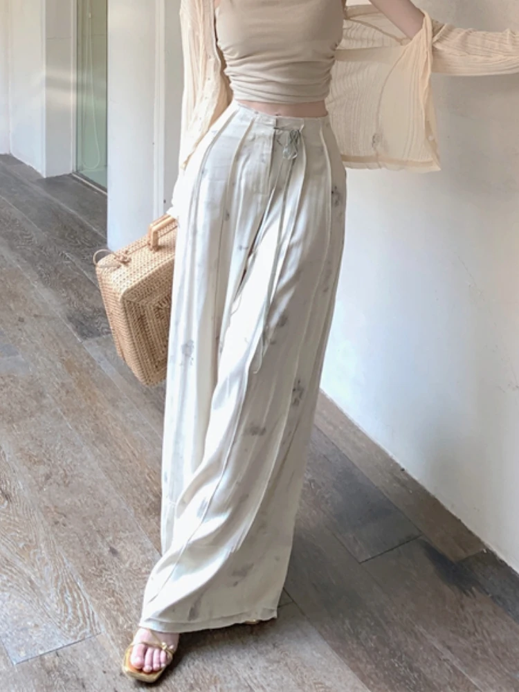 France Elegant Wide Leg Pants Women Beige Ruched Vintage Sweet Baggy Pants Female High Waist Korean Fashion Straight Pant 2023