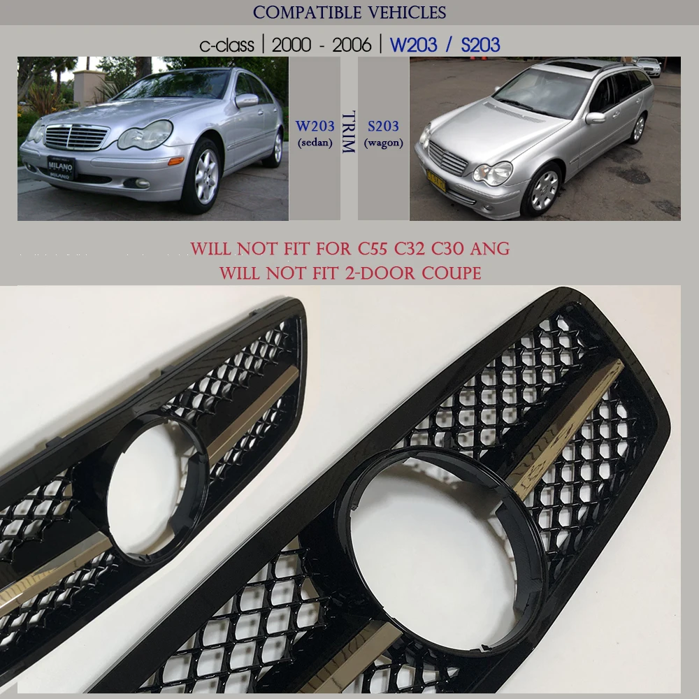 Front Bumper Grille for Mercedes C Class W203 S203 2000 - 2006, Will Not Fit For C32 C63 ANG