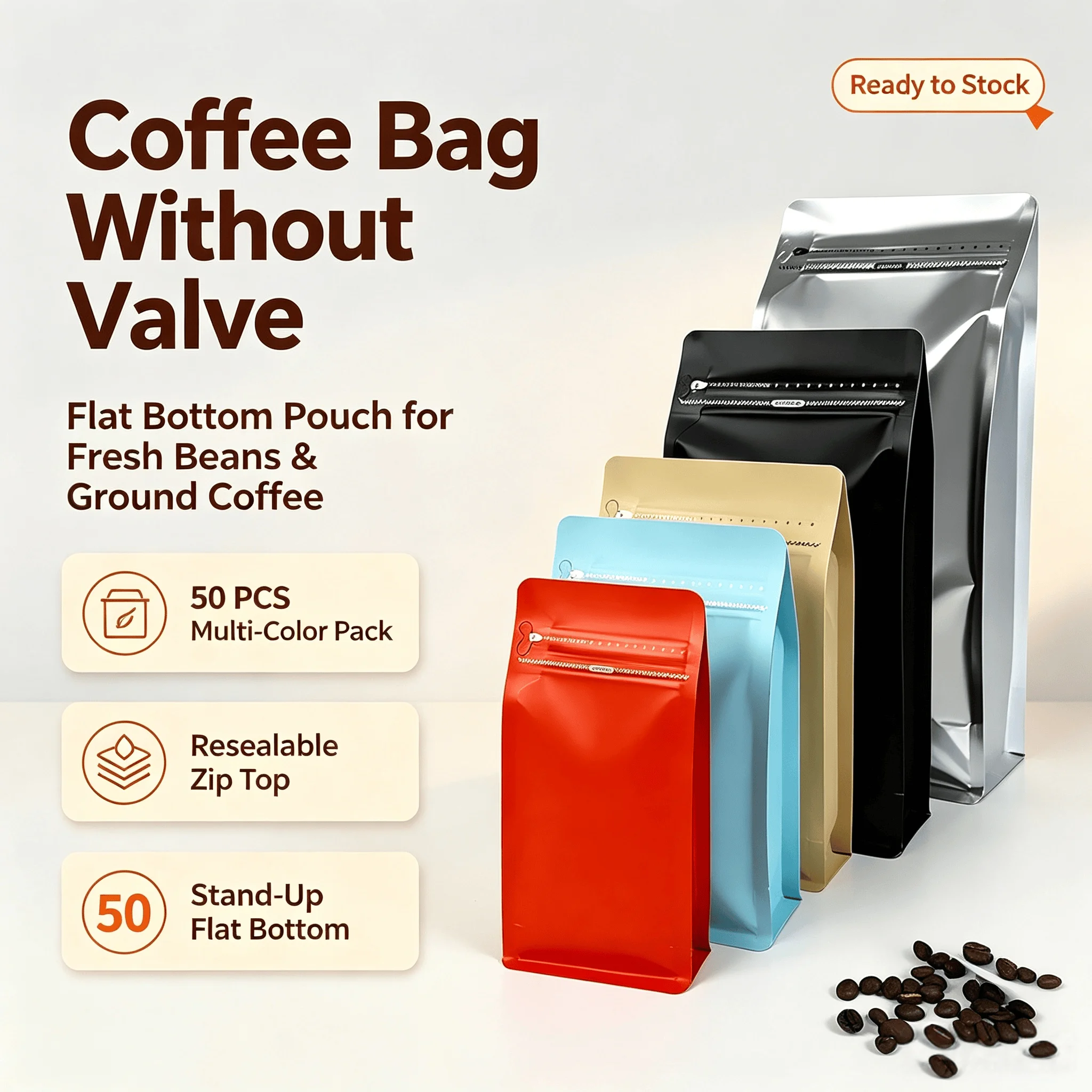 50pcs Coffee Beans Bag Packaging No Valve Aluminum Foil Sealed for Powder Nuts Storage Reusable Pouches Customizable Logo