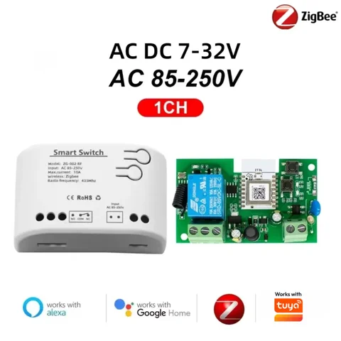 Zigbee Garage Door Receiver 1CH RF Smart Switch 7-32V 220V Remote Control 433 Light 10A Rele Relay Self-Locking Works with Tuya