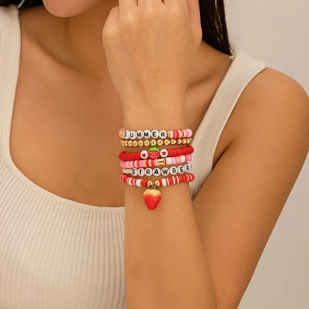 Salircon 6Pcs/set Sweet Cute Strawberry Bracelet for Women Trend Acrylic Beads Letter Beaded Elastic Bracelet Girl Jewelry