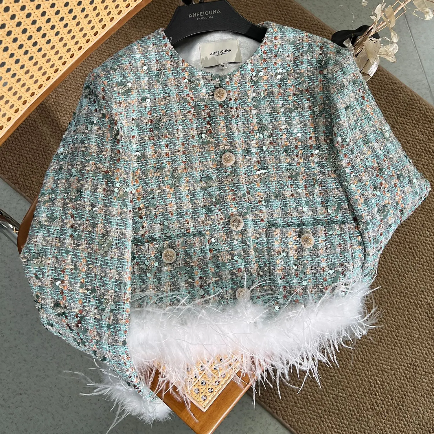 

New metallic sequin tweed dreamy luster blended with feathers women's coat coat women