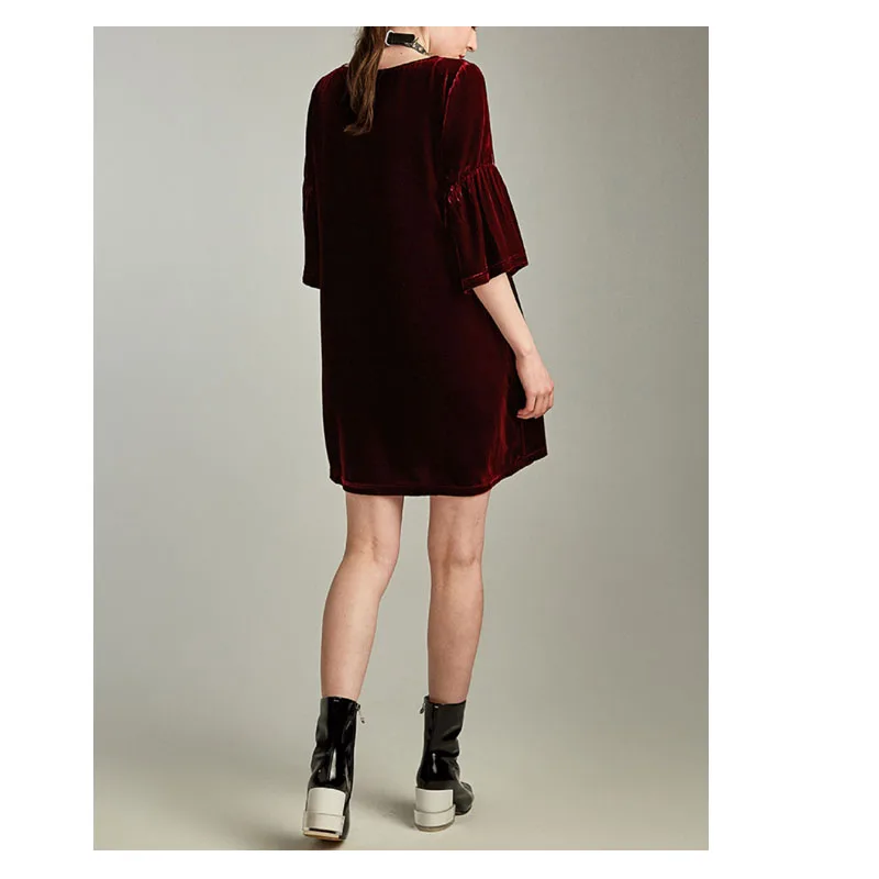 Real Silk Velvet Female Spring and Autumn New Seven-point Sleeve Knee-length Dress High-end Temperament Loose Wine Red Skirt