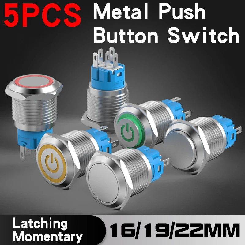 

5PCS Metal Button Switch 16/19/22MM Stainless Steel Flat Head With Led 1NO1NC Momentary Latching Waterproof Button 12V 24V 220V