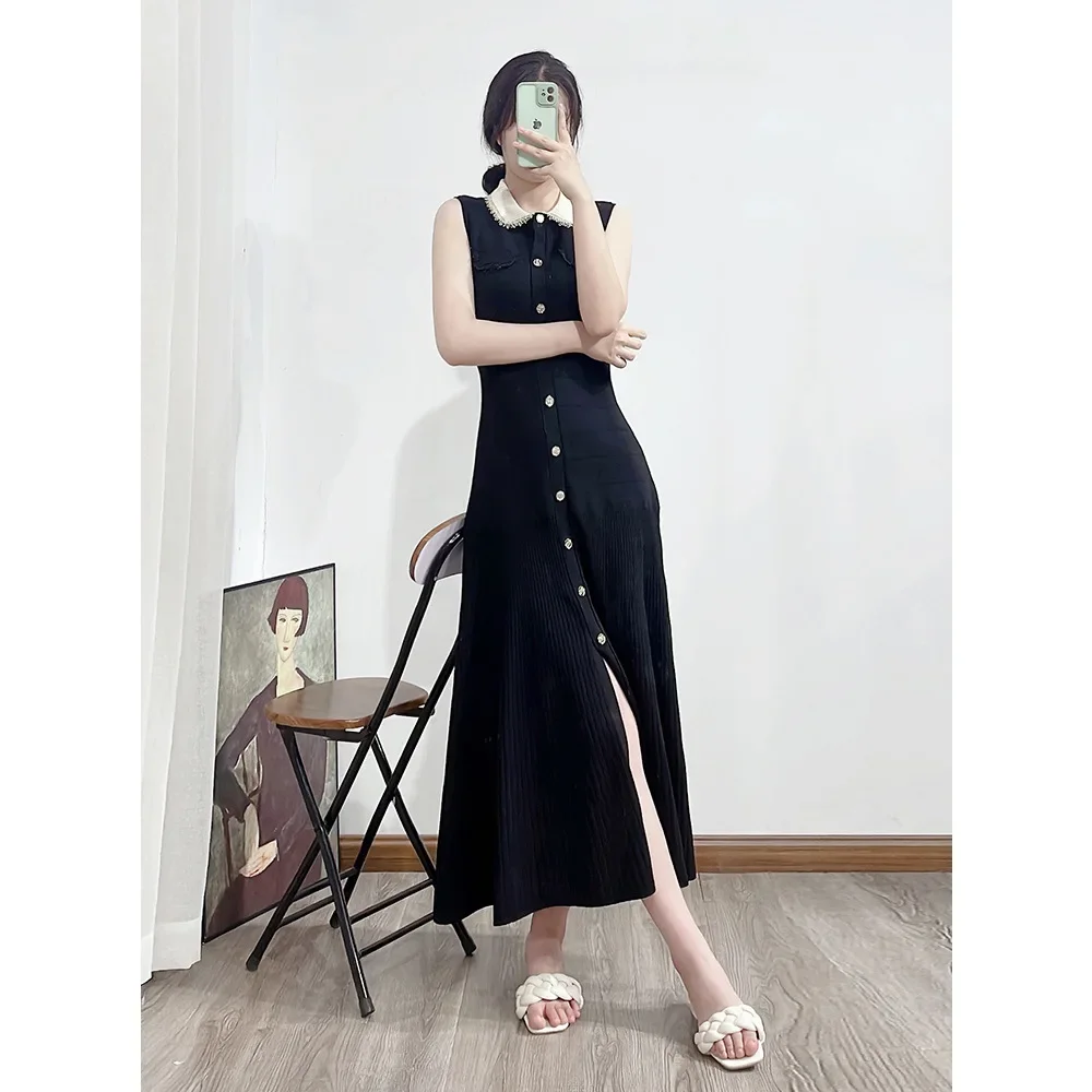 

Women Sleeveless Knit Black Robe Single Breasted Elegant Turn-Down Collar Lady Stretch Mid-Calf Dress Robe