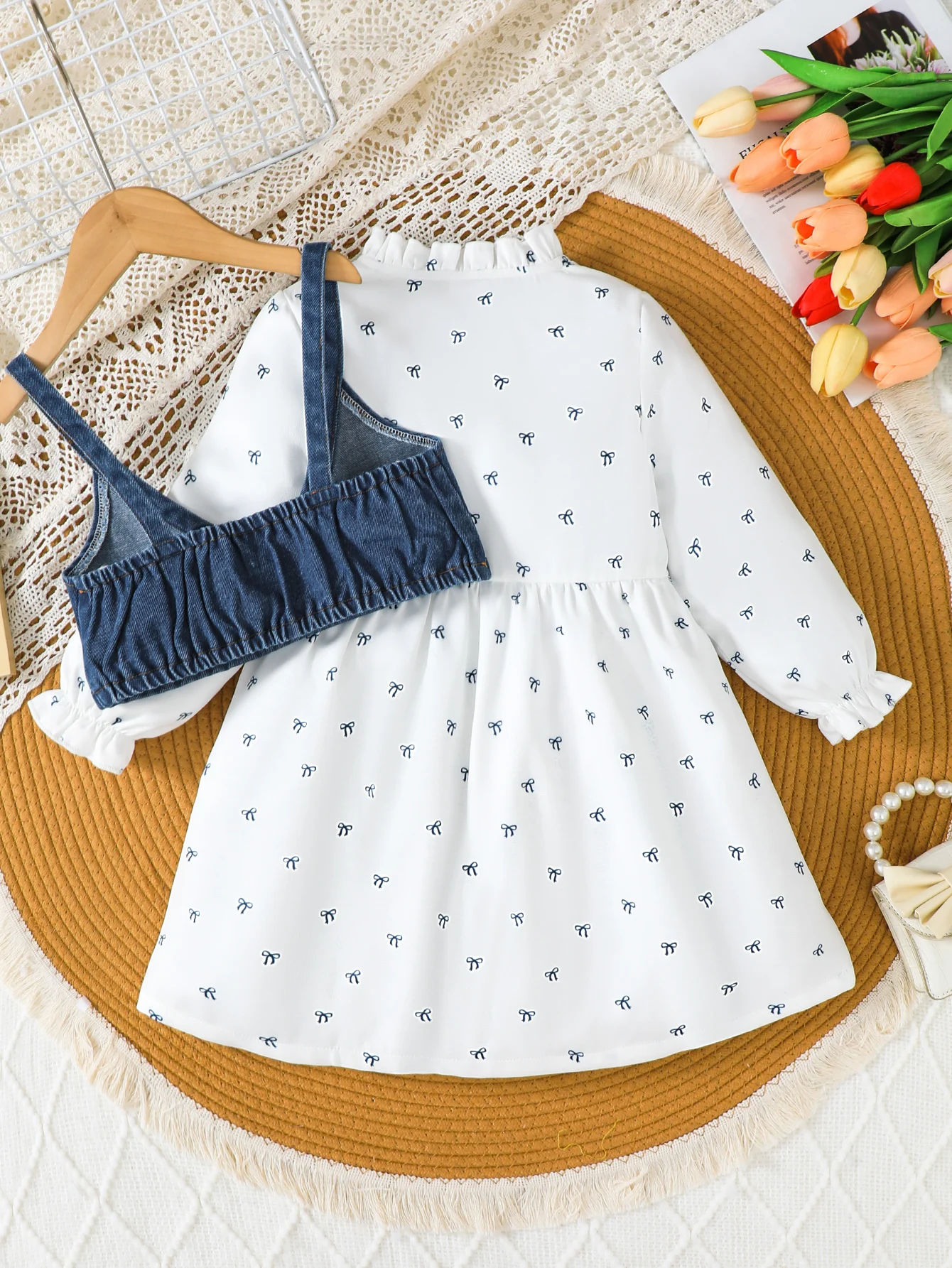 Little Girl Dress 2Pcs Set Ruffle Bow Print Clothes+Denim Cami Vest For 4‑7 Years Old Kids Spring Fall Casual School Party Dress