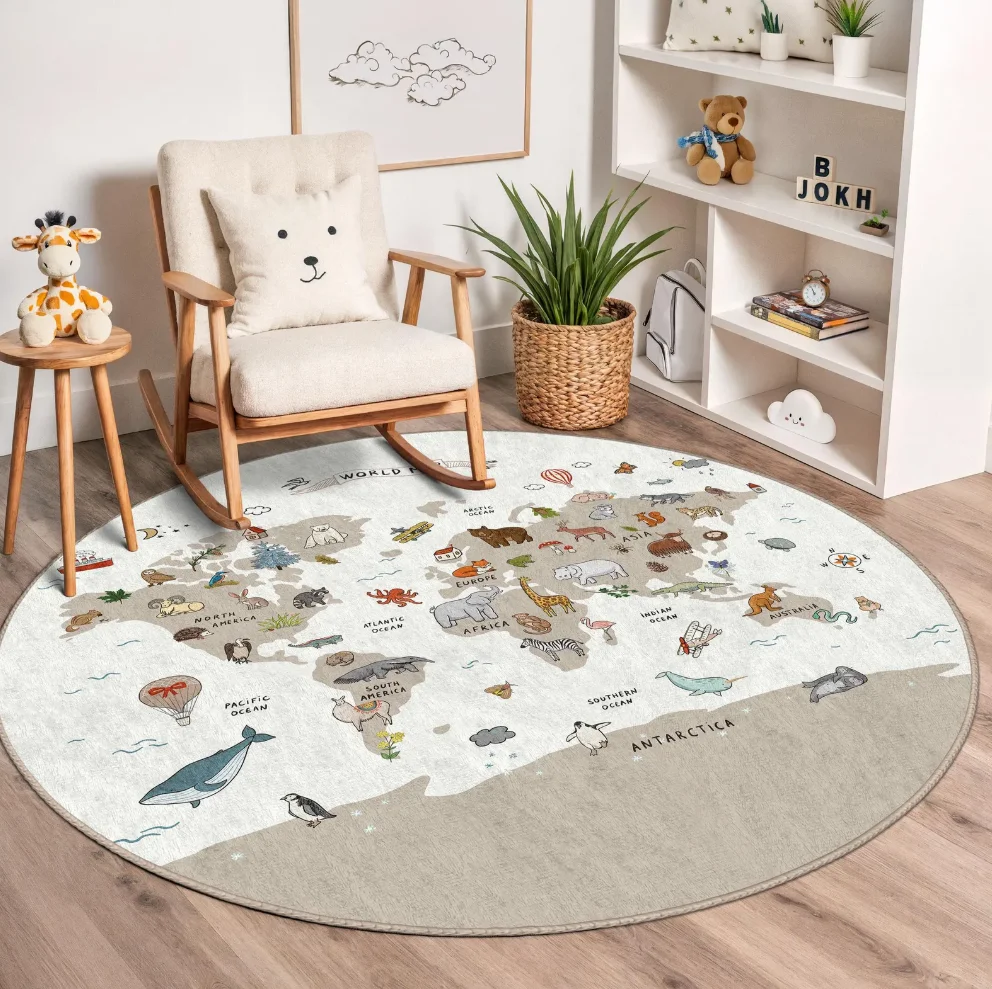 Round World Map Theme Area Rug Animal Compass Mat Non Slip Soft Educational Stylish for Living Room Bedroom Kids Room Home Decor