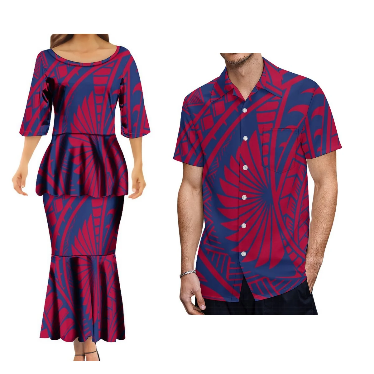 

Puletasi Elegant Fishtail Dress Two-Piece With Hawaiian Men'S Shirt Samoan Couple Suit Polynesian Island Women'S Crew Neck Dress