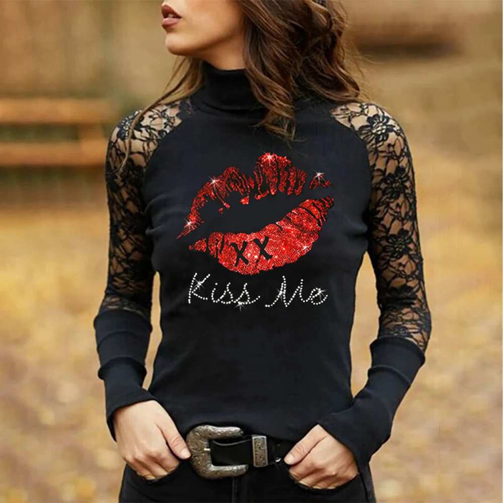 Spring Y2k Lip Hot Drill Print Ladies T-Shirt Fashion Solid Lace Sexy Women TShirt Gothic Tee Long Sleeve Matching Clothes Tops