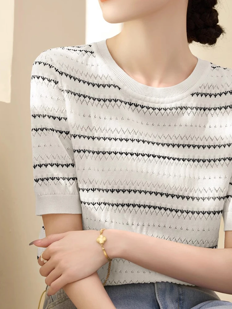 2025 Korean Style Tops Women Summer Striped Ice Silk Knitted T Shirt Thin O Neck Short Sleeve Tshirts Lady High Elasticity Tops