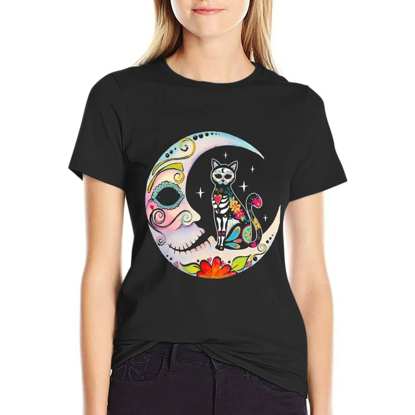 

Cat Moon Sugar Skull Dia de Los Muertos Day of The Dead T-shirt Short sleeve tee female t-shirts for Women loose fit