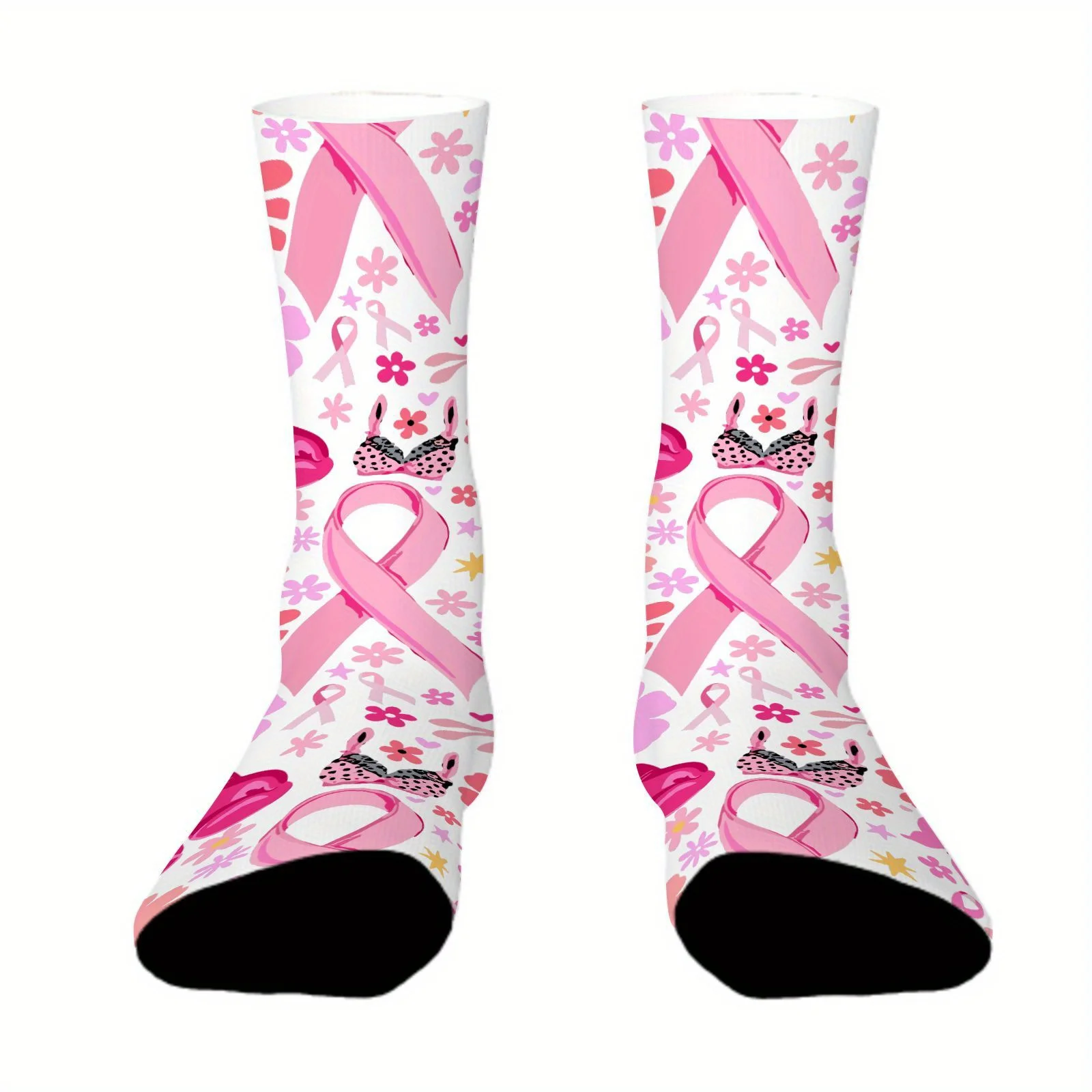 Women'S Breast Cancer Awareness Socks - Pink Ribbon Floral Design, Half-Calf Athletic Socks for Support, Everyday Special Events