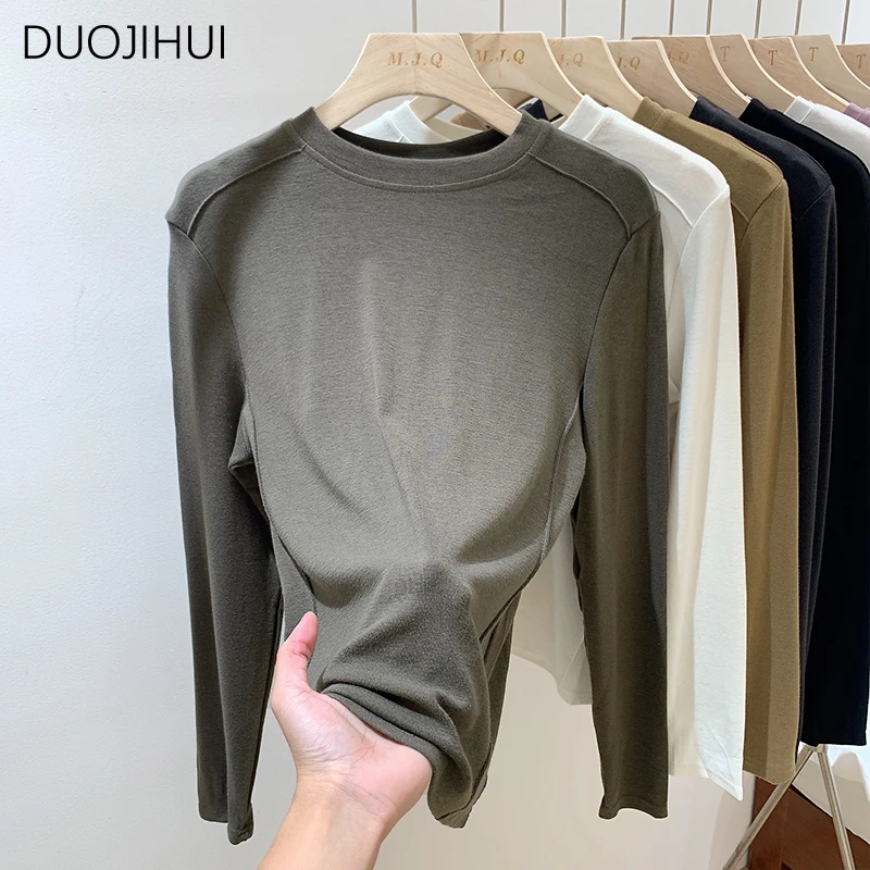 DUOJIHUI Dark Grey Basic Long Sleeve Loose Women T-shirts Autumn Classic O-neck Simple Casual Pure Color Fashion Female T-shirts