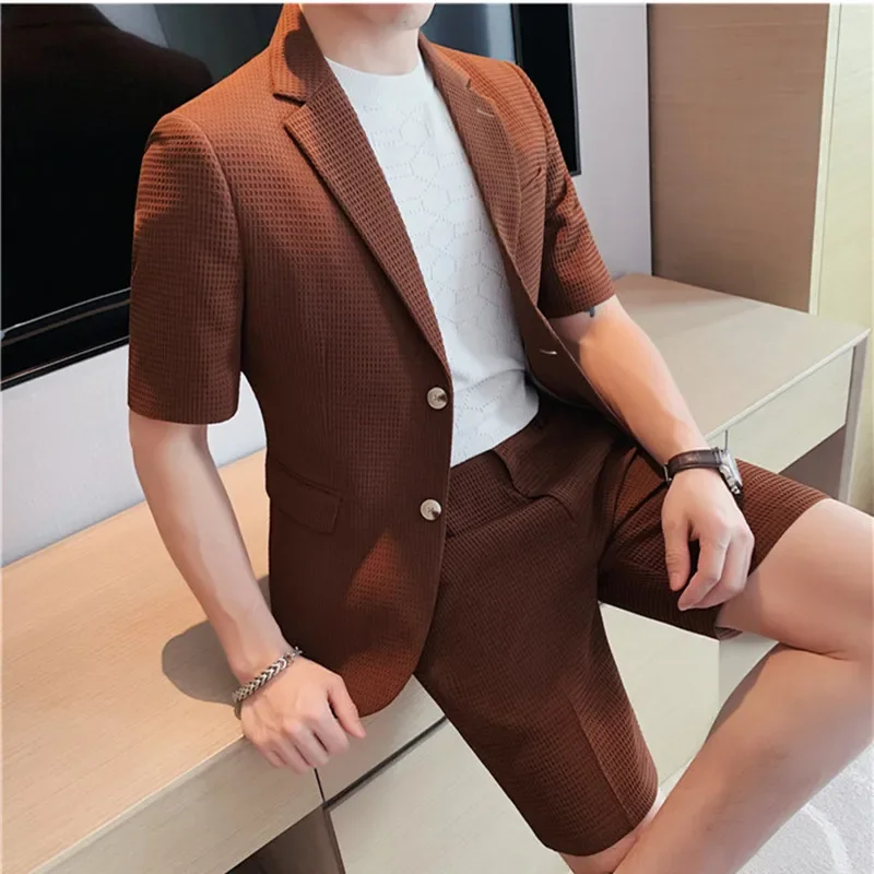 (Jacket+Shorts) Korean New Style Men In The Summer Leisure Short Sleeve Suits/Male Design Slim Fit Fashion Blazers Men S-4XL