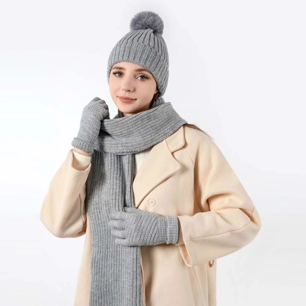 Versátil conjunto de cachecol elástico e chapéu luvas mais quentes tela sensível ao toque luvas à prova de frio macio cor sólida cachecol de malha à prova de vento